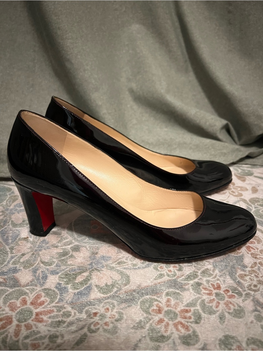 Christian Louboutin Black Patent Leather Mid-Heel Pumps